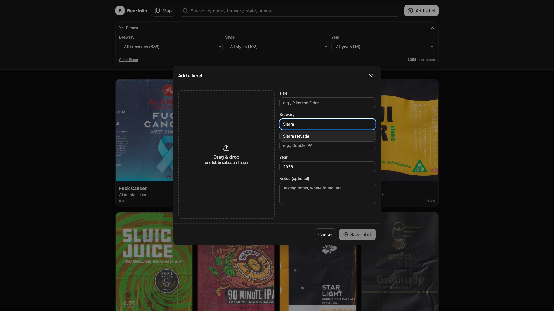 The Add a label dialog, with a drag-and-drop image target and a brewery field autocompleting to Sierra Nevada