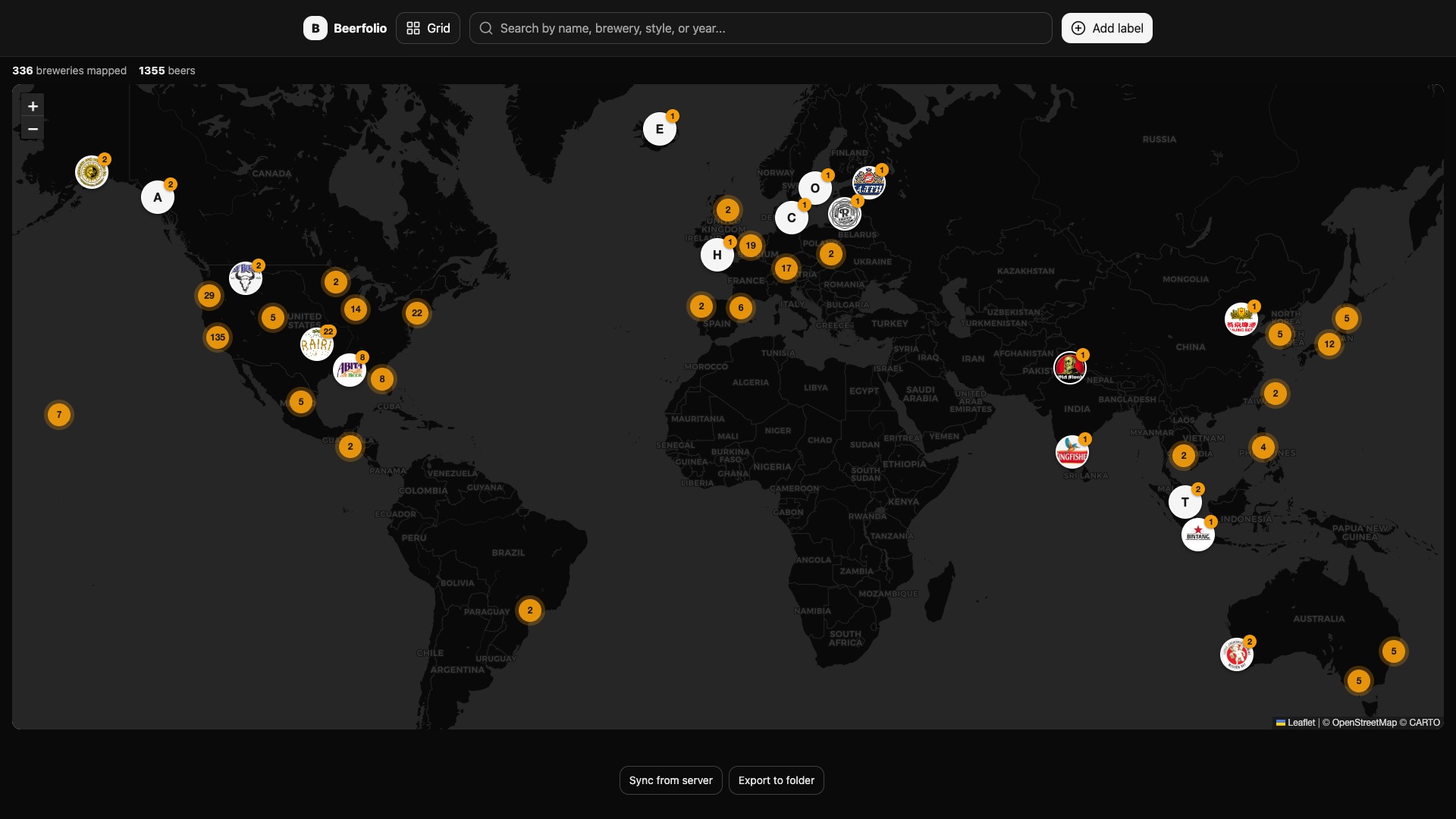 Beerfolio's clustered world map of every brewery in the collection