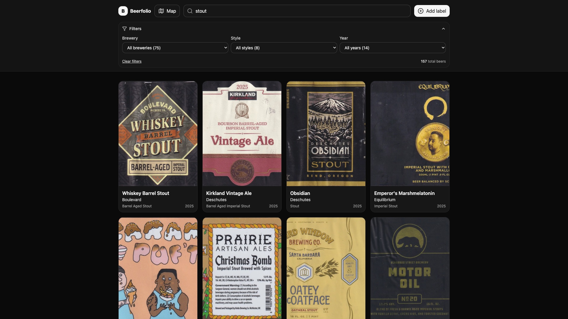 Searching the collection for stout, narrowing 1,355 labels to 157